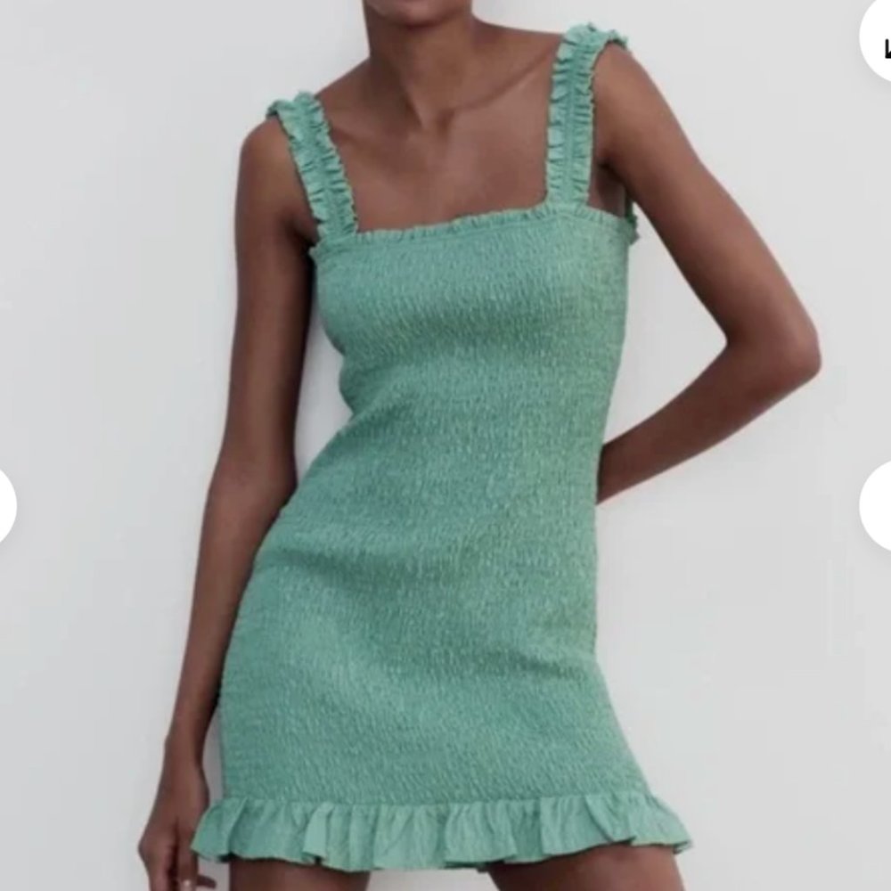 Zara Smocked Green Mini Dress